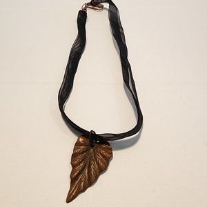 Bronze Leaf Pendant on Black Ribbon Choker